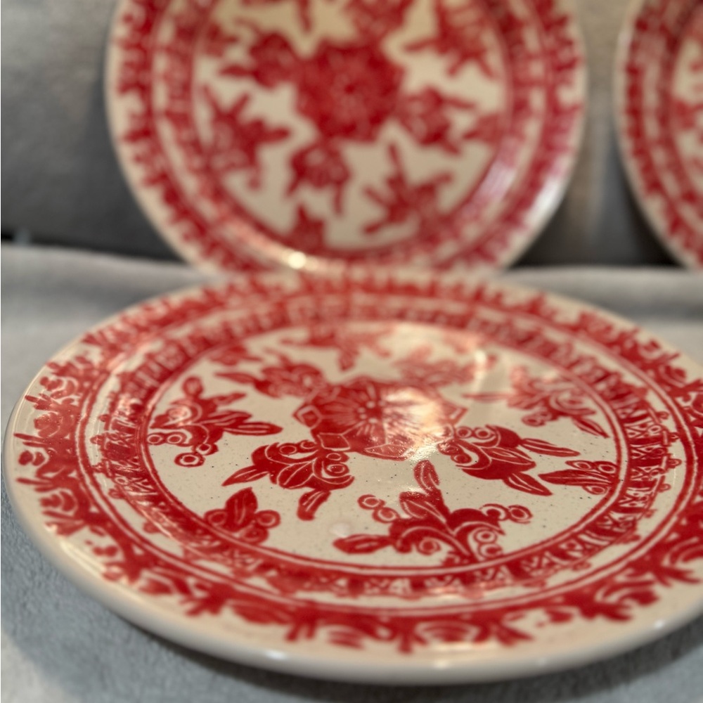 New Pottery Barn Zamora Glazed StonewarevDinner Plates, 10”D, Red/White- S/4 - Picture 5 of 8
